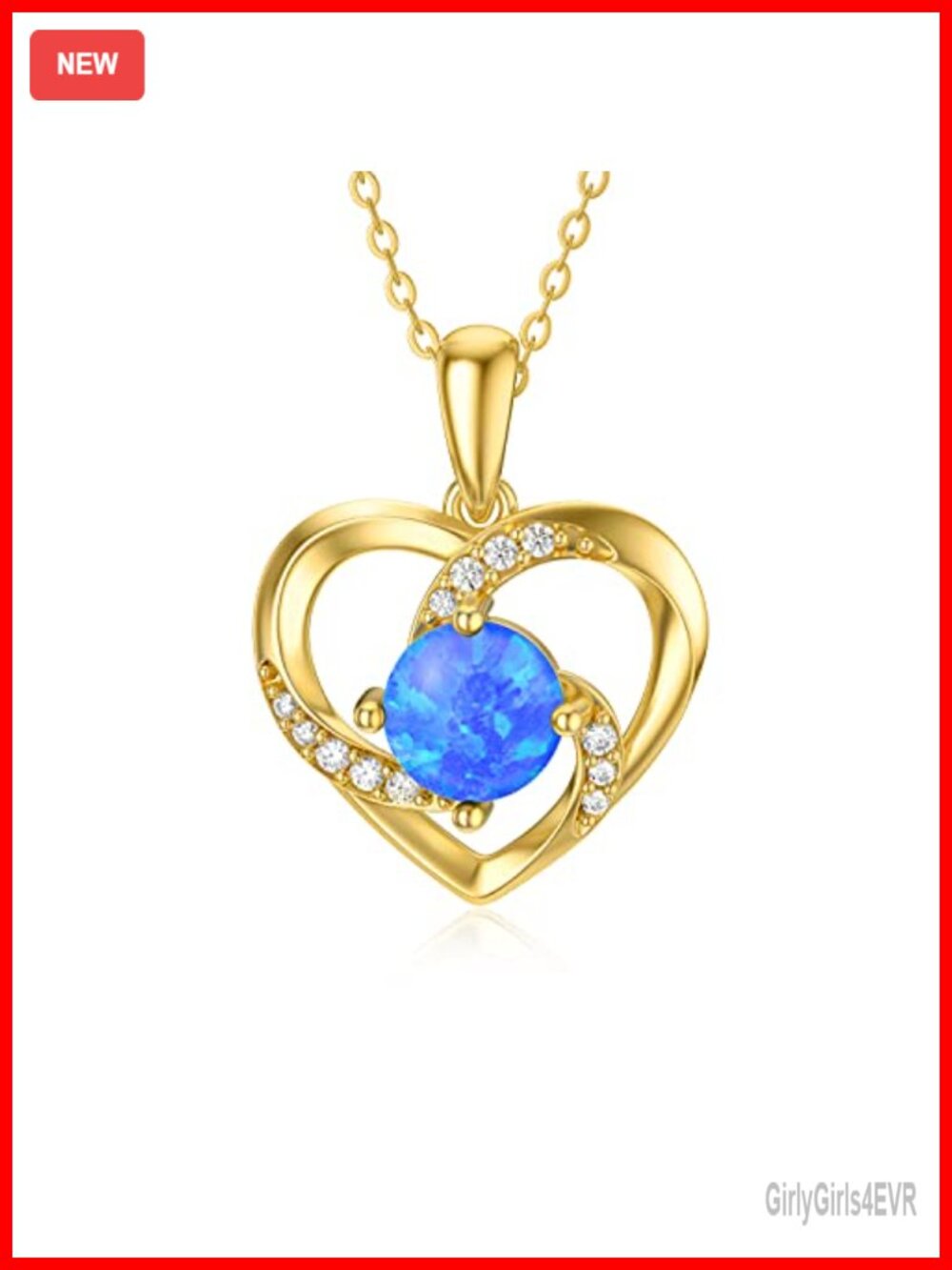 14K Real Gold Heart Pendant Necklace with Blue Opal & Cubic Zirconia,